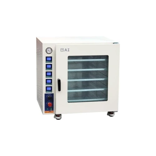 Vacuum Drying Ovens to 220°C, white oven with window door, shelves, gauge and digital controllers, front view
