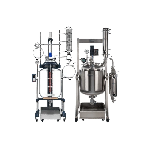 Glass & Stainless Steel Reactors, jacketed glass reactor beside a stainless steel reactor on frames