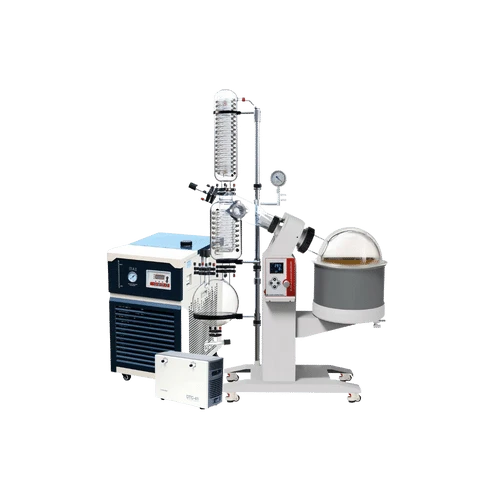 Rotary Evaporators & Rotovaps, glass rotovap on a lift stand with heating bath, chiller and vacuum pump