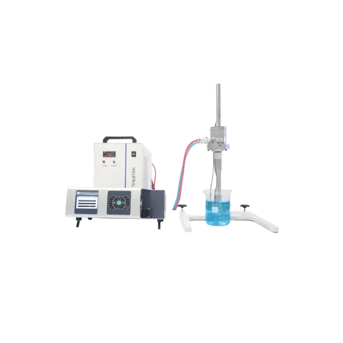 Ultrasonic Processors & Sonication, generator unit with probe on a stand dipped in a glass beaker