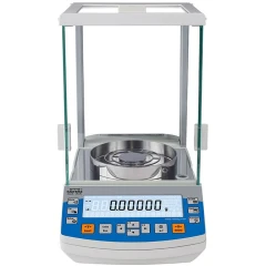 Radwag AS R2 PLUS 120g 0.01mg Analytical Balance, front view with glass draft chamber and blue control panel