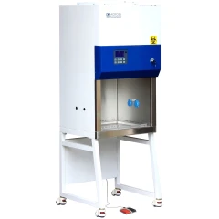 Ai 2 Ft Class II A2 Biosafety Cabinet w/ Stand, white cabinet with blue control band, glass sash, wheeled stand
