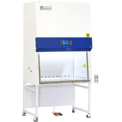Ai 3 Ft Class II A2 Biosafety Cabinet, NSF, white cabinet with blue control band and lit work area on stand
