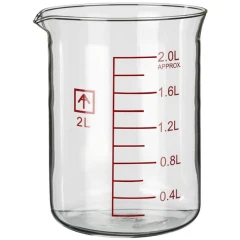 Ai 2L, 5L & 10L Heavy Wall Glass Beakers, single clear 2L beaker with red graduations shown