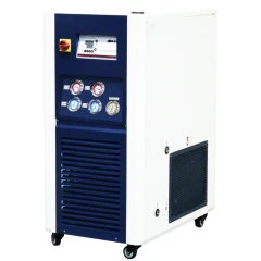 Ai C80 10L Recirculating Chiller, -75°C, tall navy and white cabinet with four gauges, red switch and casters
