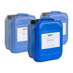 Huber M60 Heat Transfer Fluid, 10L, group of blue plastic canisters with screw caps, white background
