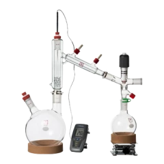 Ai 2L Short Path Distillation Kit, glass boiling flask, head and receiving flask on cork rings with thermometer