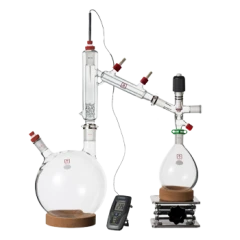 Ai 5L Short Path Distillation Kit, round glass boiling flask with short path head, receiver on lab jack