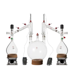Ai 10L Short Path Distillation Kit, Valved, one large flask feeding two heads and receivers on lab jacks