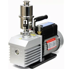 Ai EasyVac 9 CFM 2-Stage Vacuum Pump, grey pump with black motor, stainless mist filter and handle