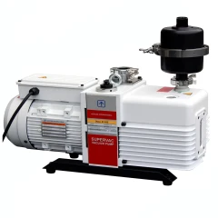 Ai SuperVac 11.3 CFM Corrosion-Resist Pump 220V, white pump and motor with black exhaust filter on steel base