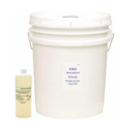 Ai Ultra Grade 19 Vacuum Pump Oil, white pail with handle beside a small bottle of pale yellow oil