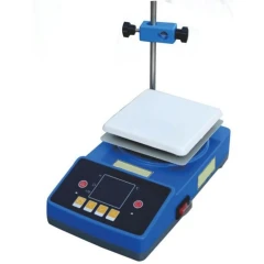 SK 12" Magnetic Stirrer Hot Plate, 220V, white square top on blue body with display and stand rod clamp