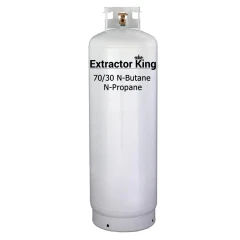 70/30 N-Butane N-Propane Mix, 110 lb, tall white cylinder with top valve and guard collar