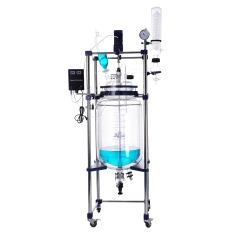 SK 100L Jacketed Glass Reactor, clear double-wall glass vessel on a stainless frame with condenser, motor and wheels