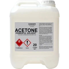 Acetone Tech Grade, 20 Litre, white plastic jerrycan with label showing hazard symbols