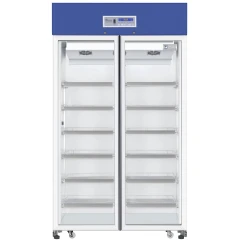 Ai M32 32 CF 2-8°C Pharmacy Vaccine Fridge, double glass door upright with wire shelves and blue top panel