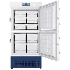 Ai EasyChill 18 Cu Ft -30°C Freezer 110V, two-door white upright open with storage bins and navy base