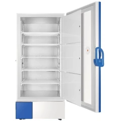 Ai EasyChill 29 Cu Ft -30°C Upright Freezer, door open showing wire shelves, blue handle and inner doors