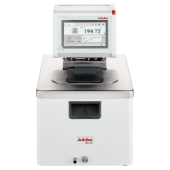 Julabo MAGIO MX-BC12 Heating Circulator, 12L, front view of white bath, black lid and touchscreen head