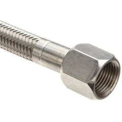 12 ft x 3/8" JIC PTFE Stainless Braided Hose, close-up of braided hose with threaded hex fitting