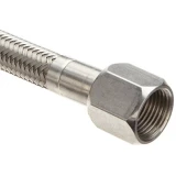 12 ft x 3/8" JIC PTFE Stainless Braided Hose, close-up of braided hose with threaded hex fitting
