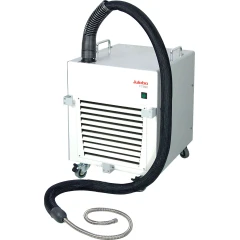 Julabo FT900 -90°C Immersion Cooler, white unit on casters with black insulated hose and flexible metal probe