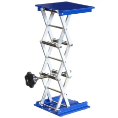 Ai 6 x 6" Aluminum Lab Scissor Jack, blue top and base plates, silver scissor arms and black adjusting knob