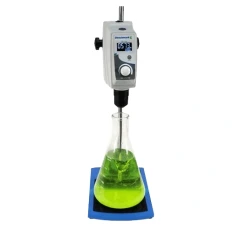 Benchmark Overhead Stirrer, 20L and 40L, stirrer head with display mixing green liquid in a glass flask