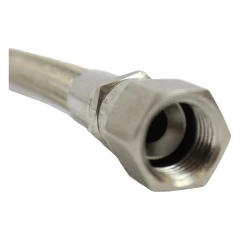 84" x 1/4" JIC PTFE Stainless Braided Hose, close-up of braided hose end with hex nut fitting