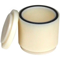 Nylon Grinding Jar with Lid for Ball Mills, cream-coloured jar with black sealing ring, lid set beside it