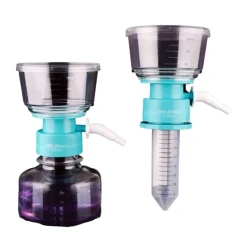 Nest Bottle Top Vacuum Filters, clear funnels with teal filter bases, shown on a bottle and a graduated tube