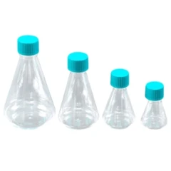 Nest Erlenmeyer Cell Culture Flask, four clear plastic flasks in graded sizes with teal screw caps