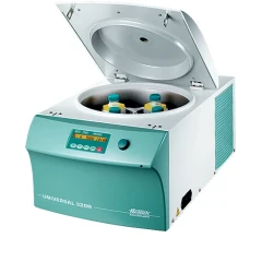 Hettich Universal 320R Refrigerated Centrifuge, teal and white benchtop unit, lid open showing rotor and tubes