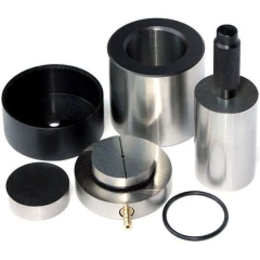 Ai 50mm Vacuum Dry Pressing Die Set, steel die parts, black base, plunger, discs and black O-ring laid out