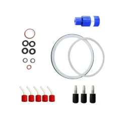 Ai R100 Glass Reactor Service Kit, gaskets, O-rings, red-capped hose fittings, black stoppers and a blue part