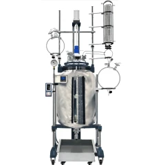 Ai 200L Glass Reactor w/ 200°C Heating Jacket, glass vessel in grey heating jacket on steel frame with condenser