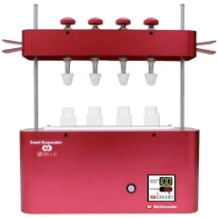 BioChromato K4 4-Channel Smart Evaporator 110V, red benchtop unit with four stoppers above four sample bottles