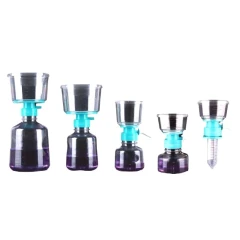 Nest Polystyrene Receiving Bottle, 45 mm Neck, clear bottles with teal filter tops shown in several sizes