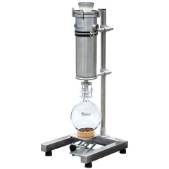 Ai Stainless Jackhammer Dual-Layer Cold Trap, stainless cylinder above a glass round flask on a lab stand