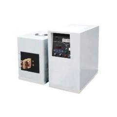 Ai IHG30AB 30kW High-Frequency Induction Heater, white control cabinet beside a heating unit with copper terminal