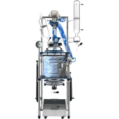Ai 20L Jacketed Glass Reactor with Air Motor, glass vessel under grey cover, blue air lines, condenser, steel frame