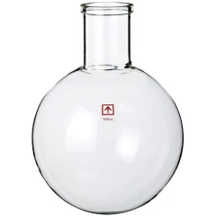 Ai 10L Small-Neck Evaporating Flask, clear round glass flask with straight narrow neck, white background