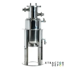 XD CryoTrap 10L Stainless Cold Trap, KF40, polished stainless trap with side ports standing on a steel frame