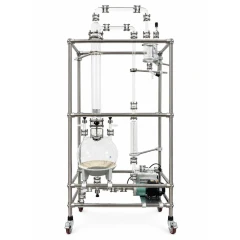 Across International Lab Gas Scrubber, glass columns and round flask in a stainless frame with pump, on casters