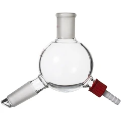Ai 24/40 Single Cow Distribution Adapter, clear glass bulb with ground joint, angled outlet and red-capped barb