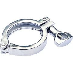 Ai 2" 304 SST Single Pin Tri-Clamp, polished stainless hinged clamp with wing nut, white background