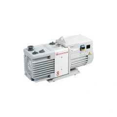 Edwards RV8 6.9 CFM Dual-Stage Vacuum Pump, grey rotary vane pump with motor and oil caps, white background