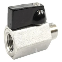 1/4" Mini Ball Valve, SS304, stainless body with black lever, female and male threaded ends