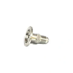 KF25 to SAE 45° Flare Vacuum Adapter, stainless fitting with a flange on one end and threaded flare on the other